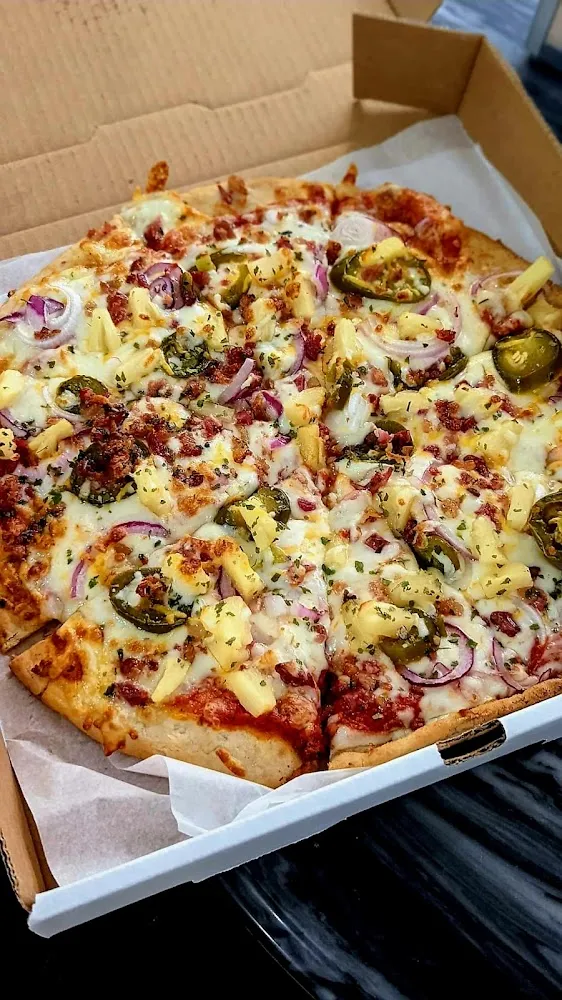 Gluten Free Pizza with Bacon Onion Pineapple and Jalapeños